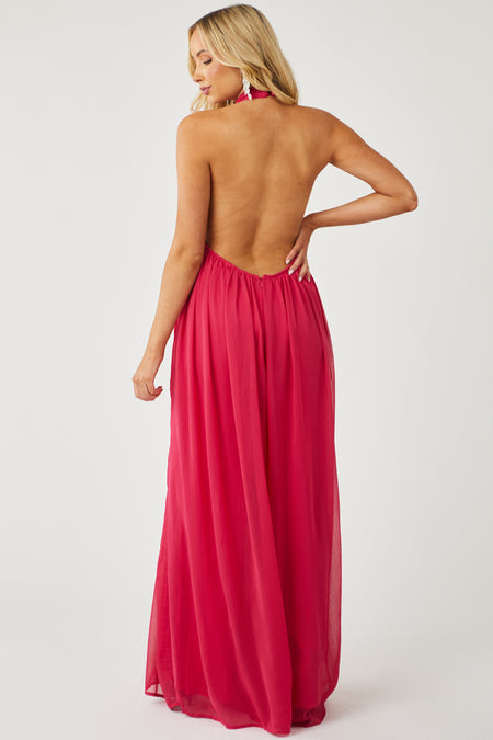 Hot Pink Lined Chiffon Wide Leg Halter Jumpsuit