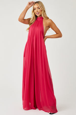 Hot Pink Lined Chiffon Wide Leg Halter Jumpsuit