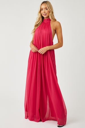 Hot Pink Lined Chiffon Wide Leg Halter Jumpsuit