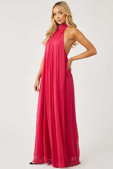 Hot Pink Lined Chiffon Wide Leg Halter Jumpsuit