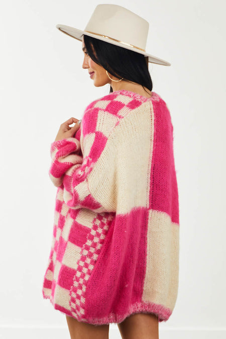 Hot Pink and Buttercream Fuzzy Checkered Cardigan