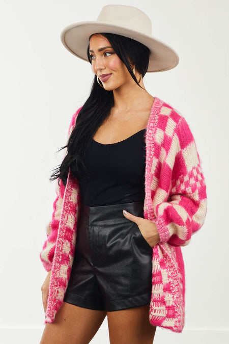 Hot Pink and Buttercream Fuzzy Checkered Cardigan