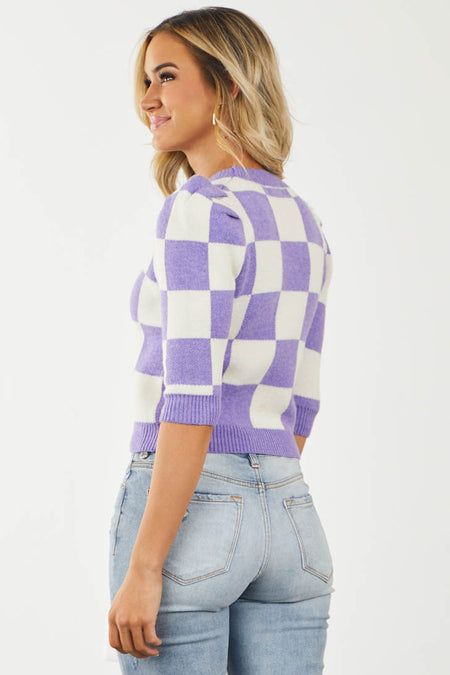 Iris and Ivory Checkered Puff Sleeve Sweater