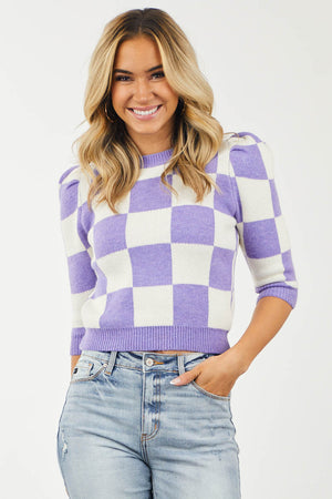 Iris and Ivory Checkered Puff Sleeve Sweater