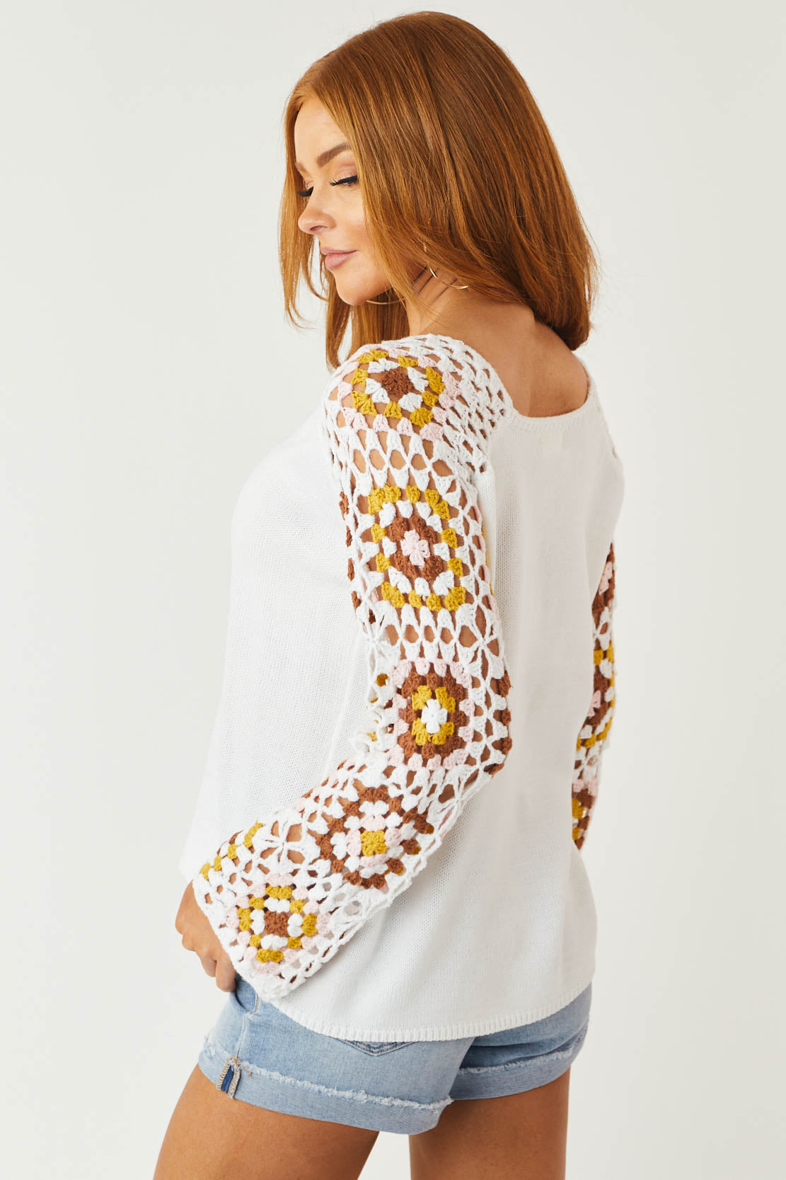 Ivory Knit V Neck Top with Floral Crochet Sleeves