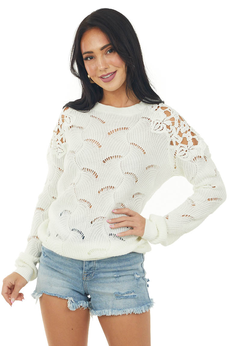 Ivory Pointelle Lace Shoulder Sweater & Lime Lush