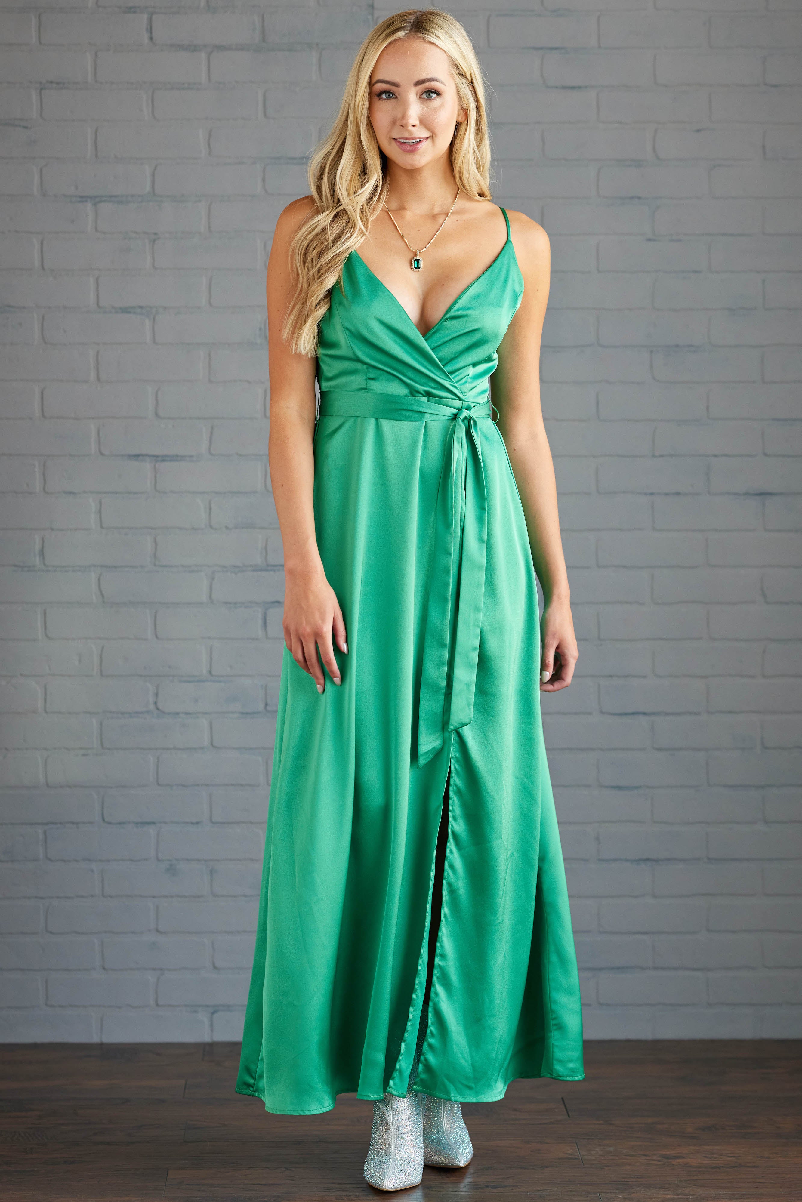 Satin surplice maxi outlet dress