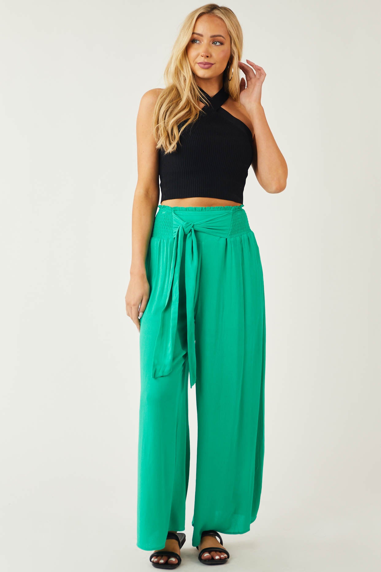 Kelly Green Waist Tie Wide Leg Flowy Pants