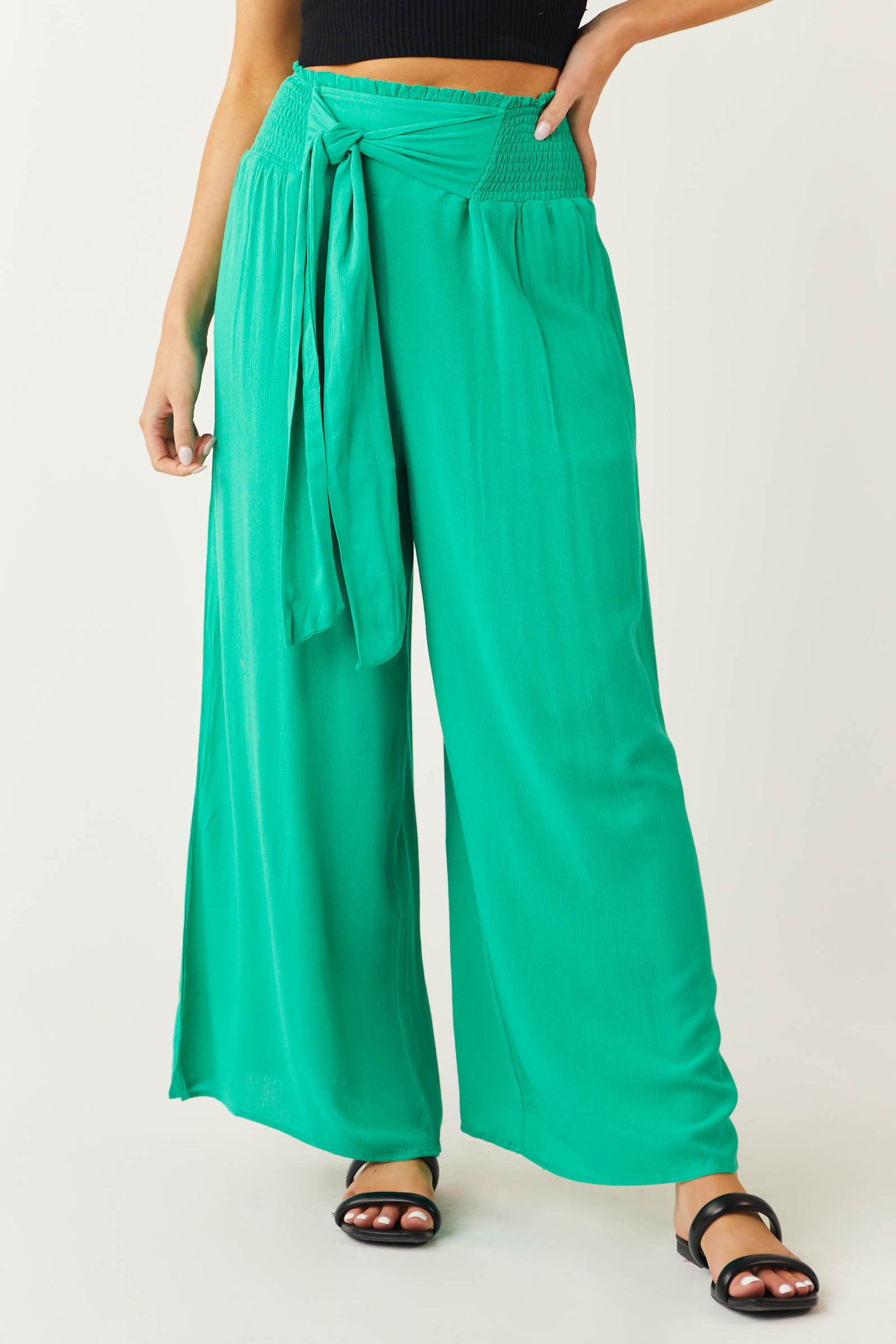 Kelly Green Waist Tie Wide Leg Flowy Pants