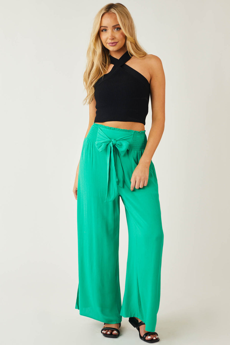 Kelly Green Waist Tie Wide Leg Flowy Pants