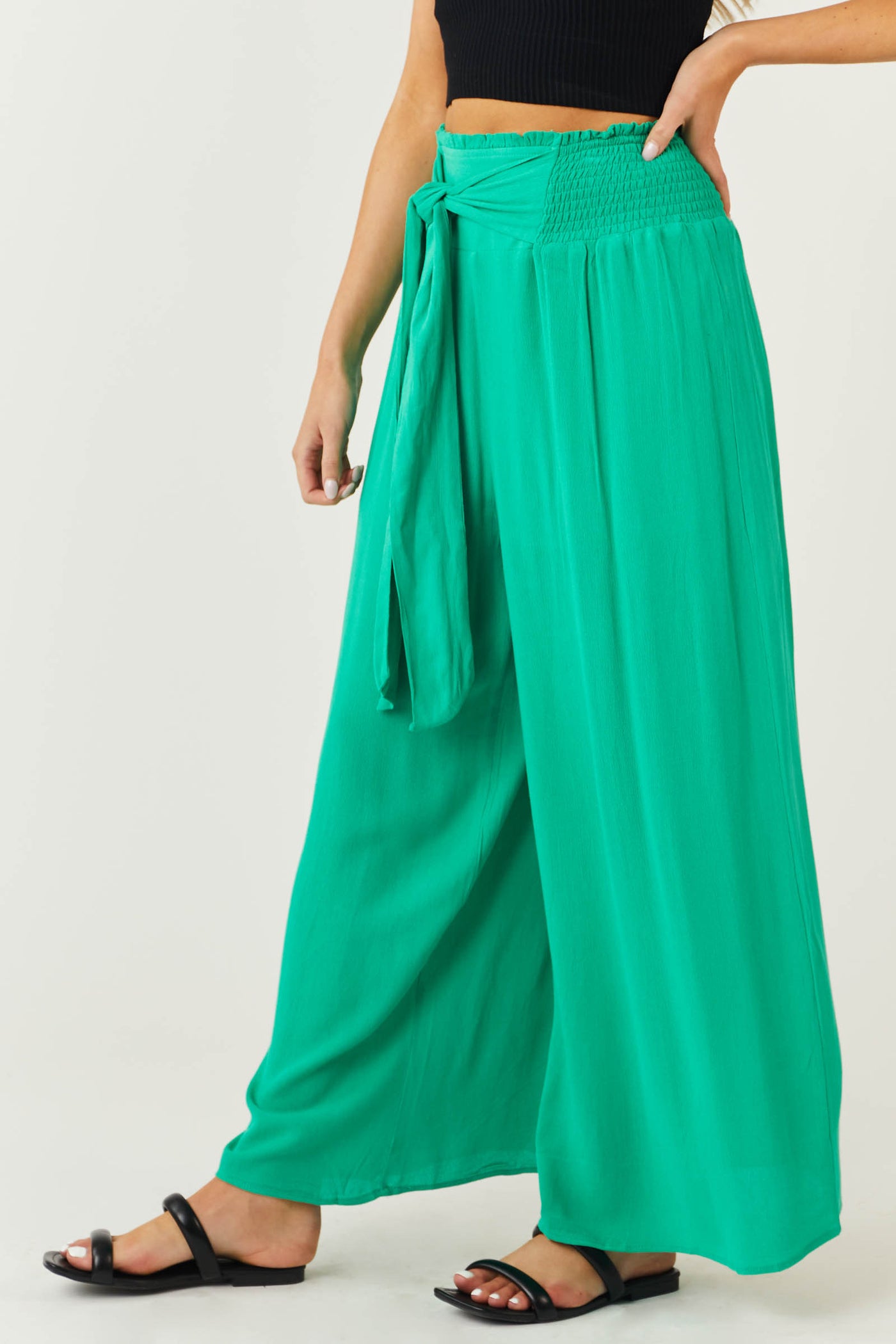 Kelly Green Waist Tie Wide Leg Flowy Pants