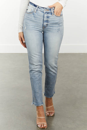 Light Wash Straight Leg Jeans with Frayed Hem