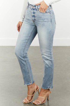 Light Wash Straight Leg Jeans with Frayed Hem