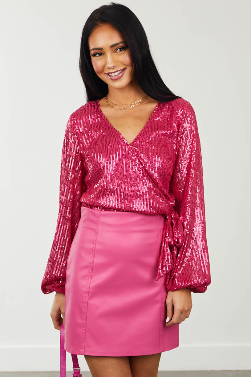 Magenta Sequin Side Tie Surplice Blouse And Lime Lush 7266