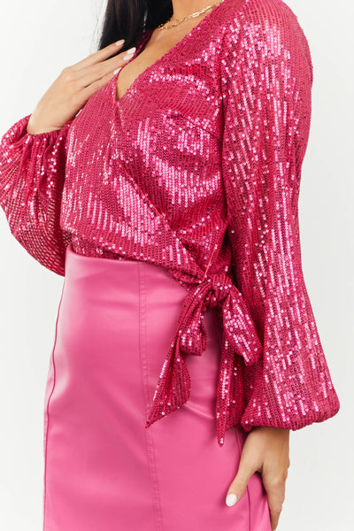 Magenta Sequin Side Tie Surplice Blouse And Lime Lush 3099