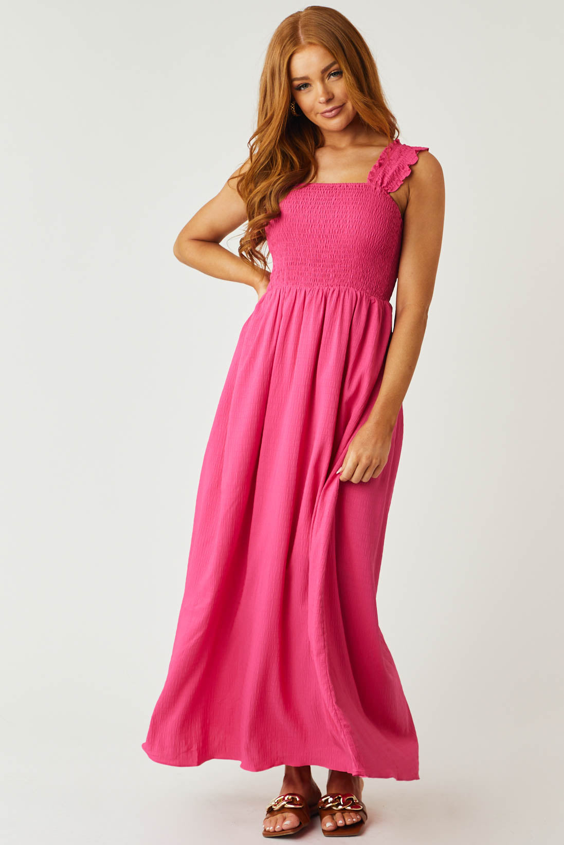 Magenta Smocked Sleeveless Woven Maxi Dress | Lime Lush