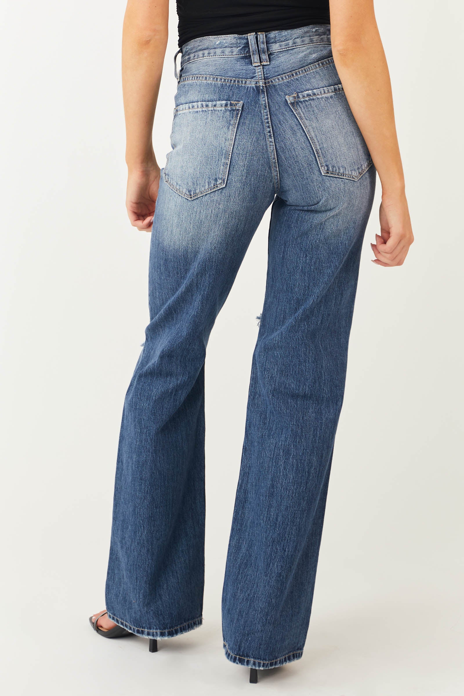 Medium Wash Distressed High Rise Wide Leg Jeans