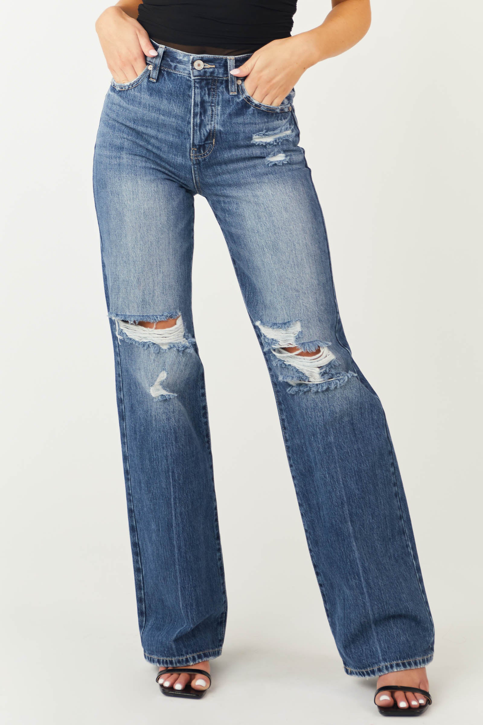 Medium Wash Distressed High Rise Wide Leg Jeans