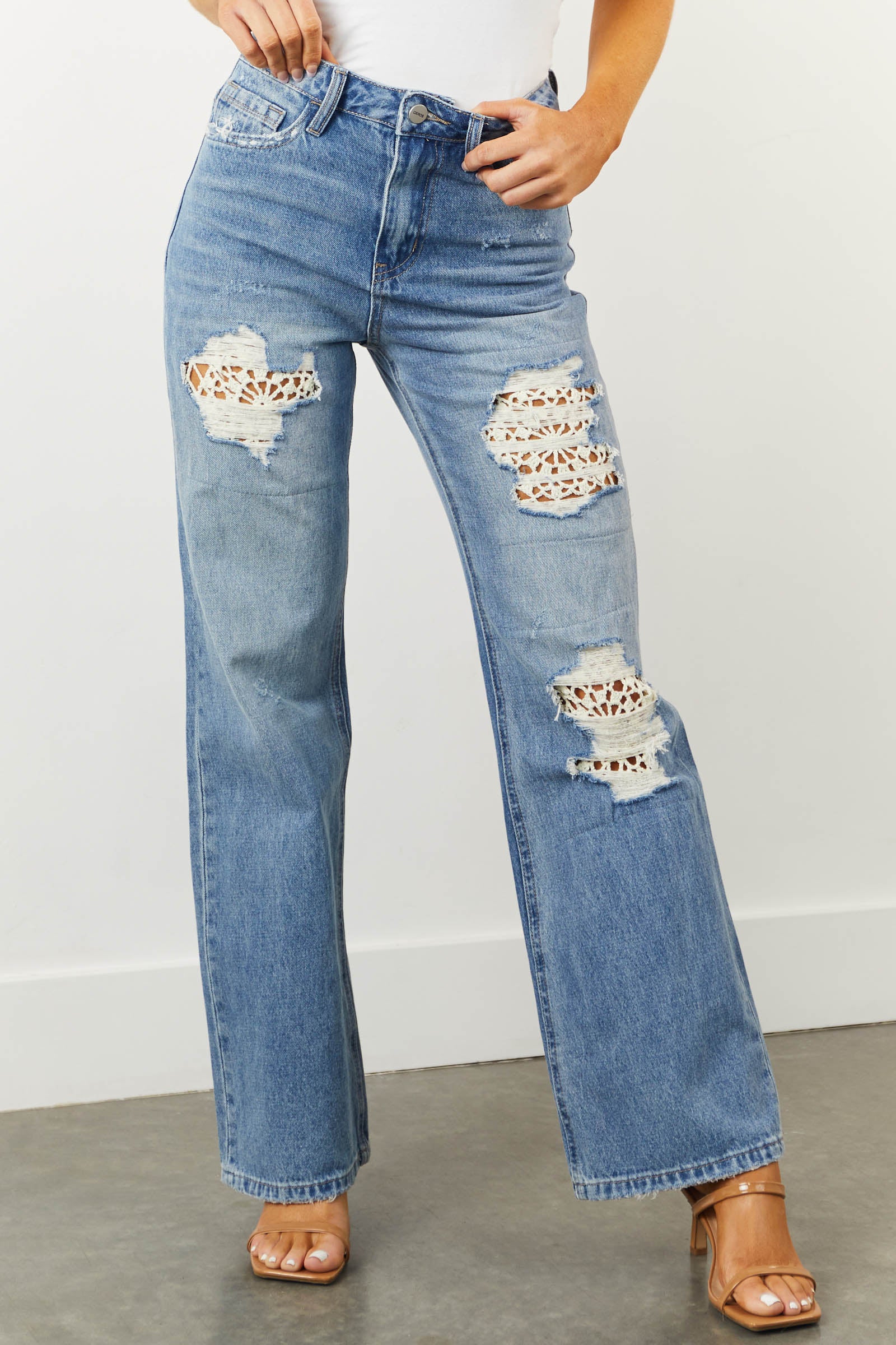 Medium Wash Distressed Lace Detail Straight Jeans