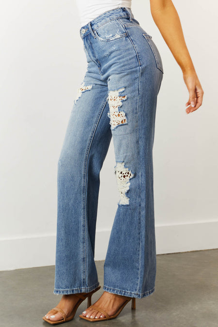 Medium Wash Distressed Lace Detail Straight Jeans