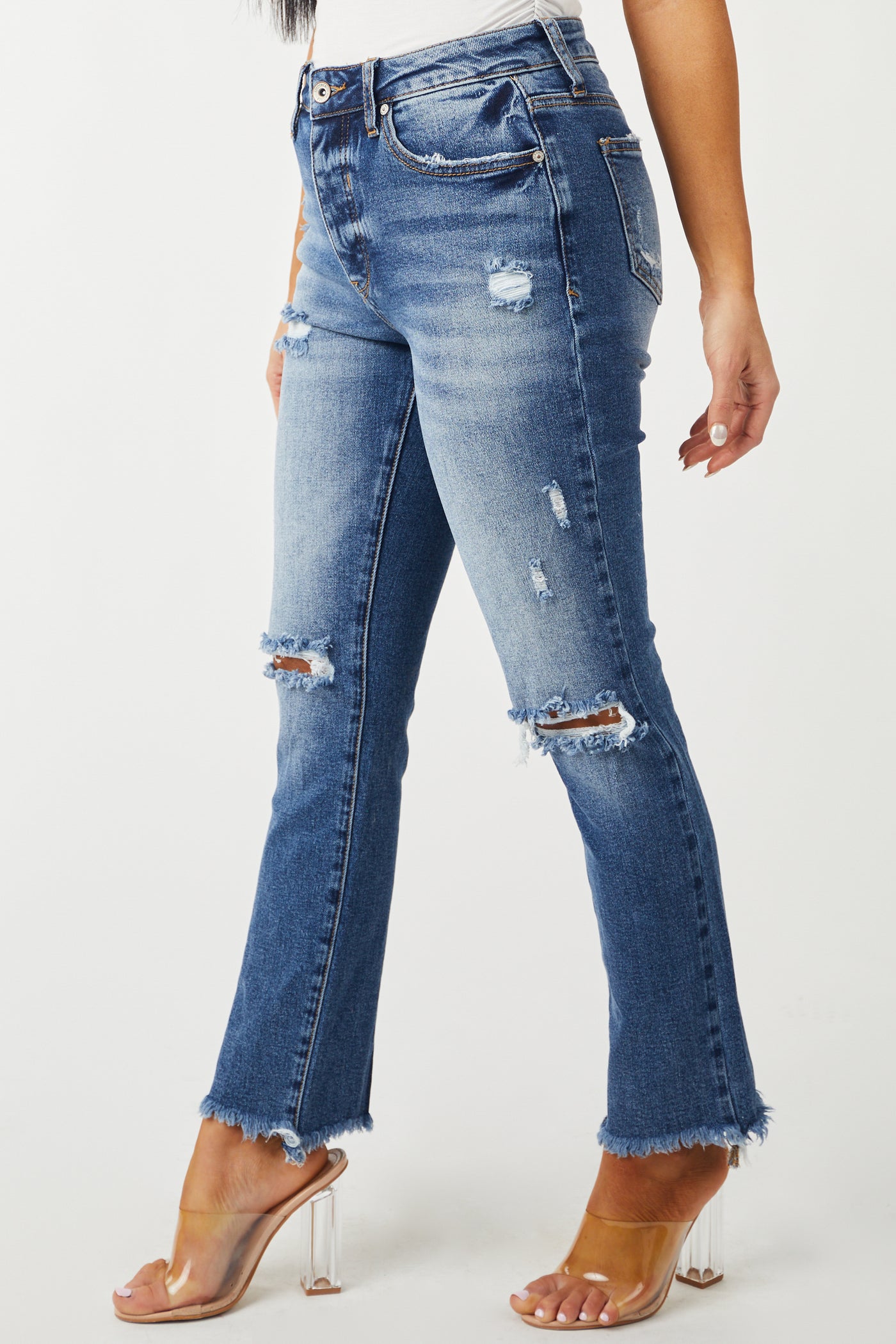 Special A Medium Wash Distressed Straight Jeans | Lime Lush