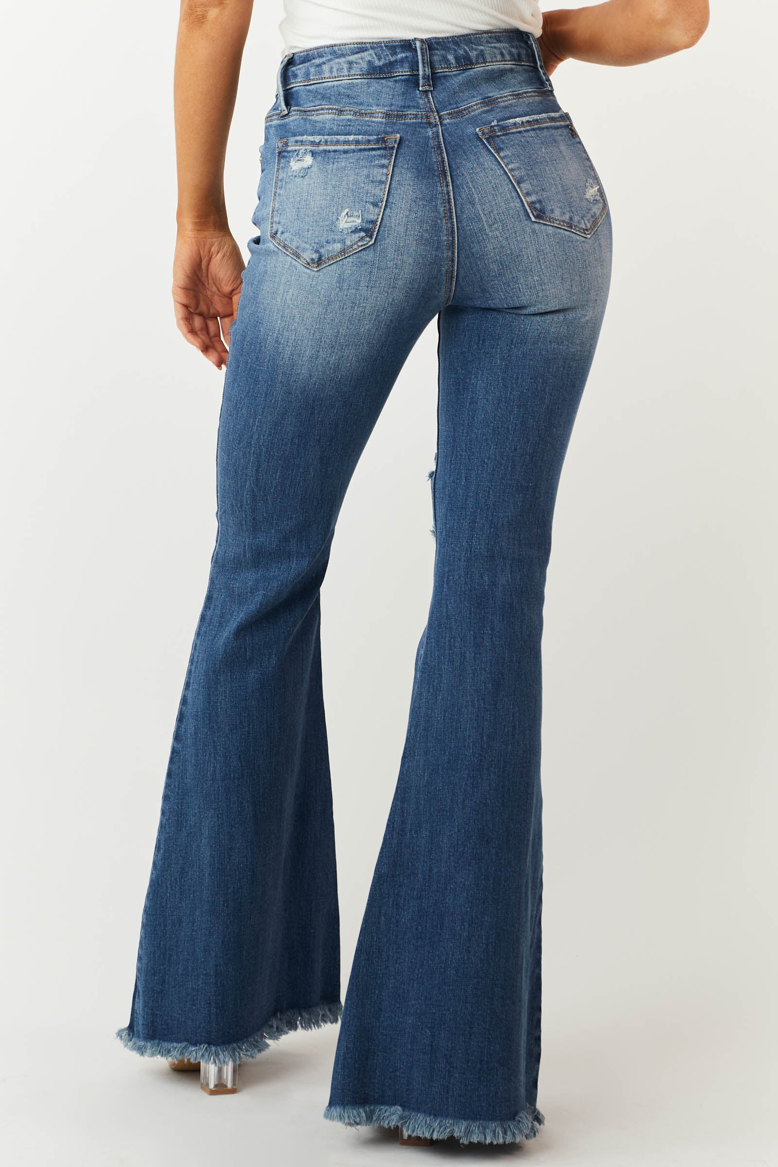 Special A Medium Wash Frayed Hem High Rise Flare Jeans