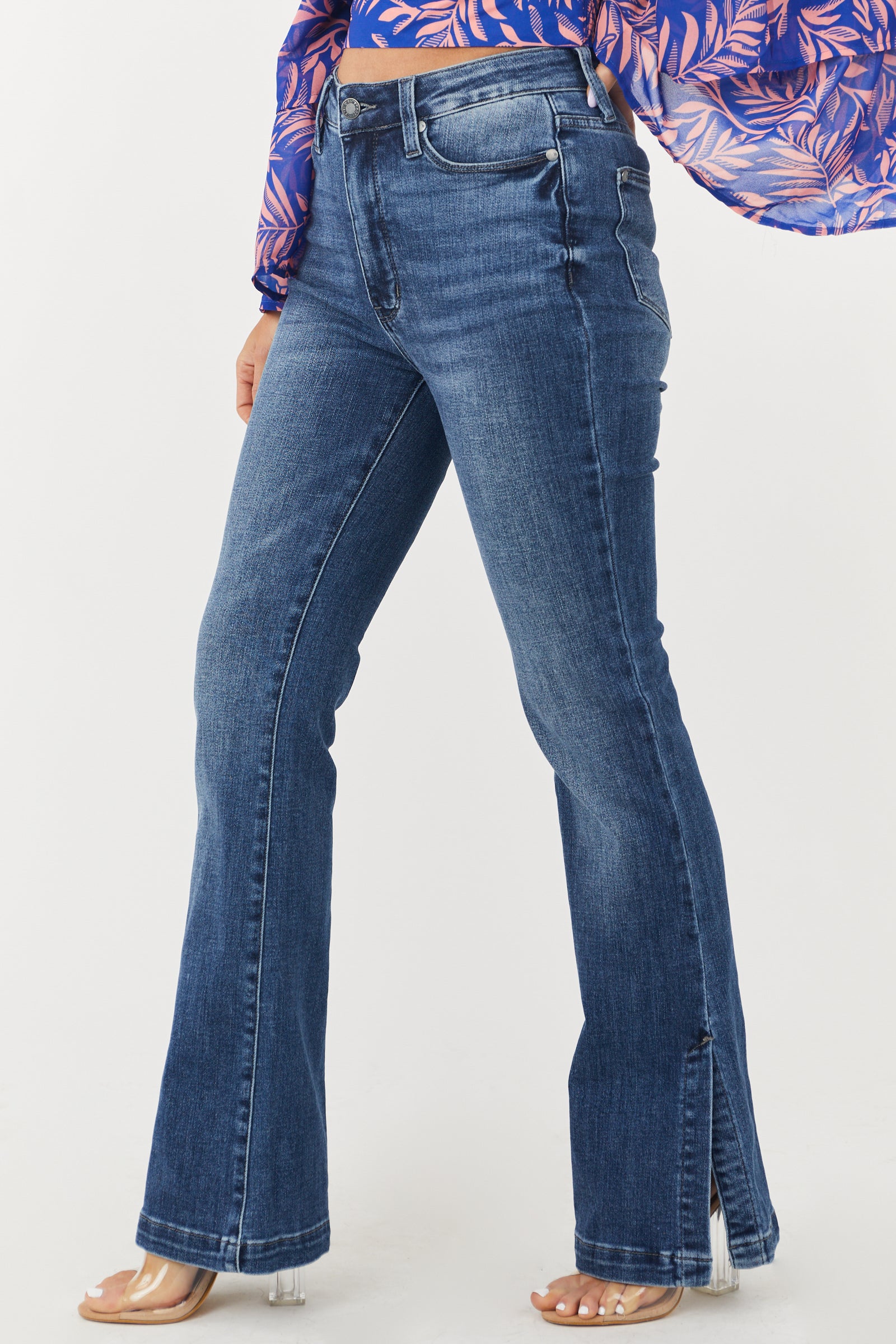 Medium Wash High Rise Bootcut Jeans With Side Slits & Lime Lush