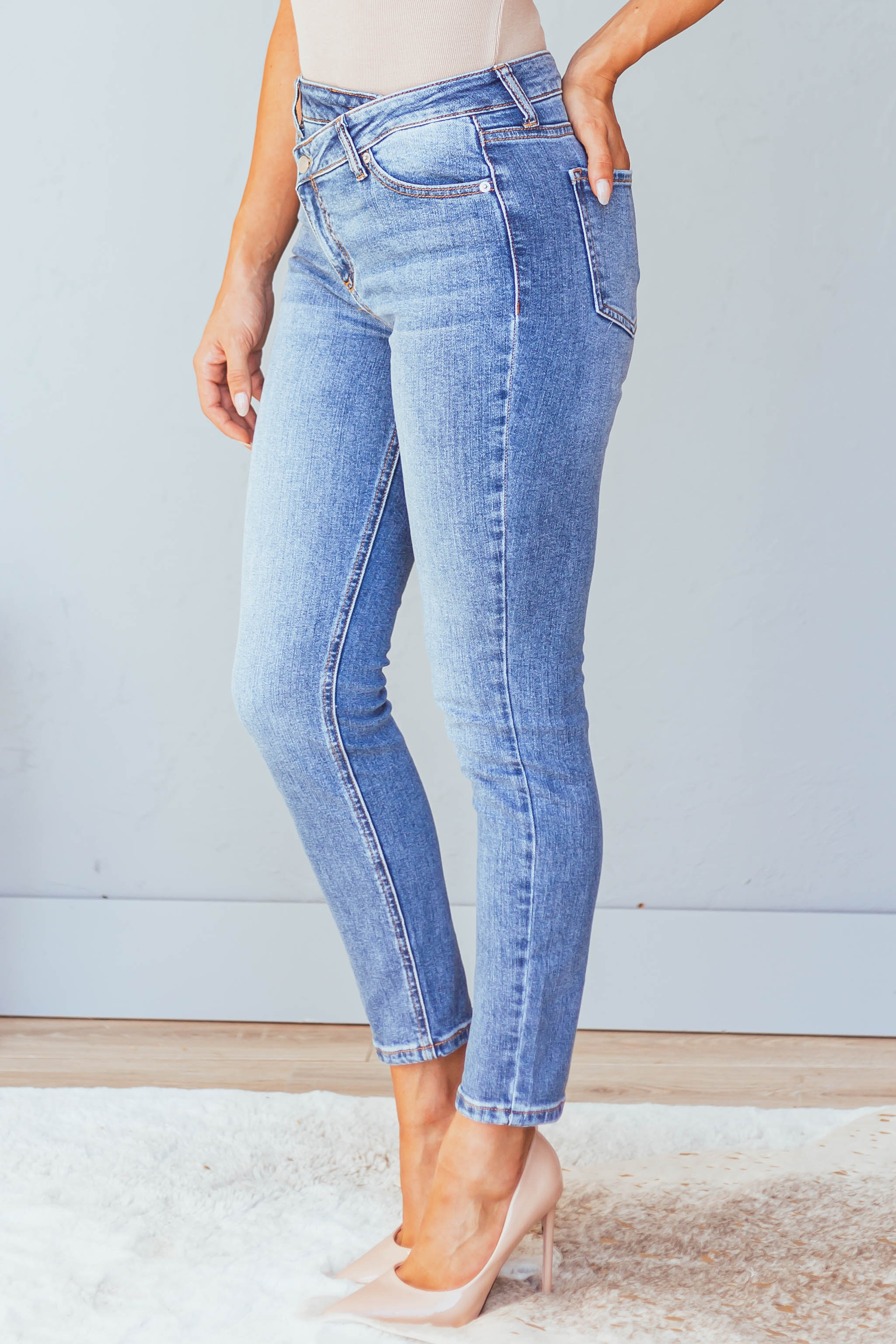 Sneak Peek Medium Wash High Rise Skinny Jeans with Crossover Fly