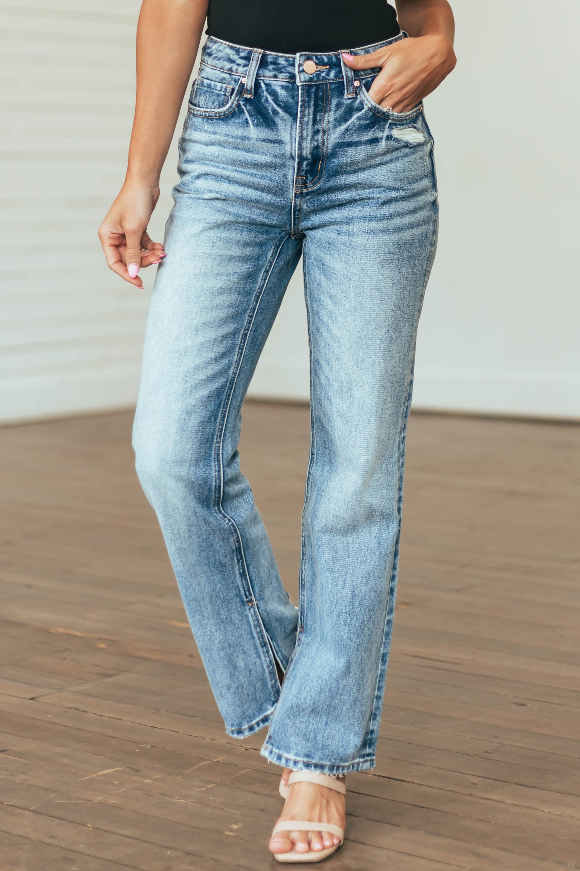 Mica Denim Medium Wash Frayed Hem Distressed Mom Jeans