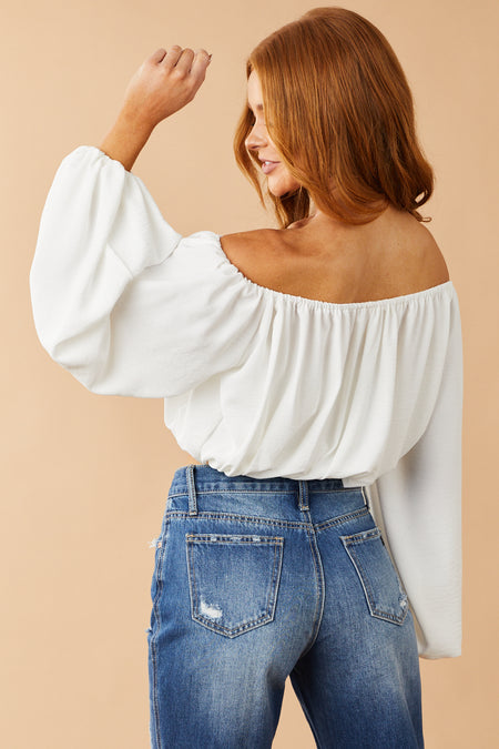 Off White Off Shoulder Bubble Sleeve Blouse