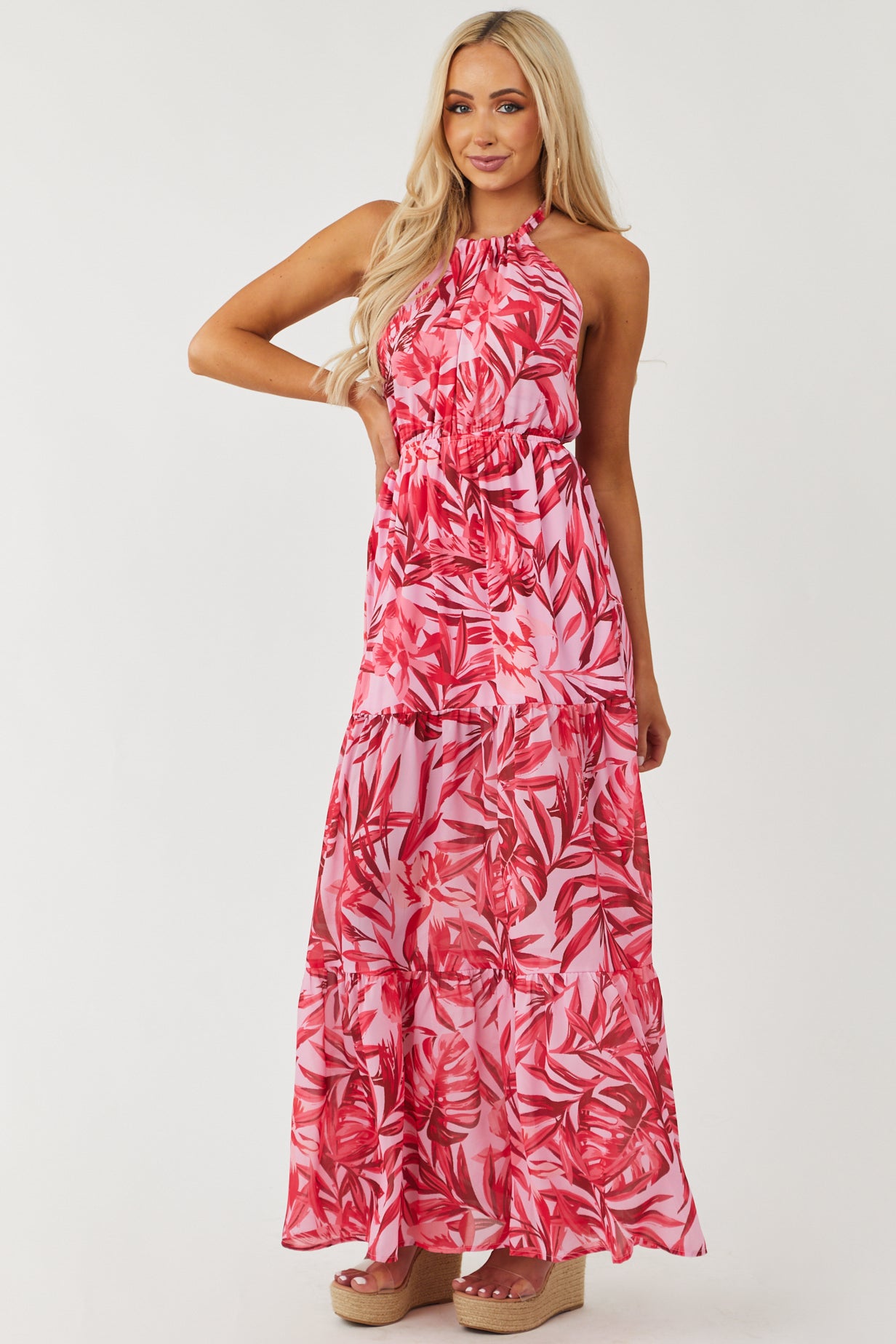 Orchid Tropical Print Halter Neck Maxi Dress | Lime Lush