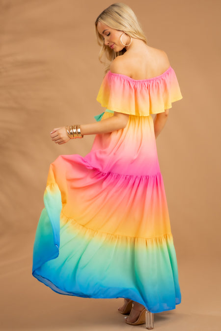 Rainbow Ombre Off the Shoulder Maxi Dress