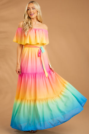 Rainbow Ombre Off the Shoulder Maxi Dress