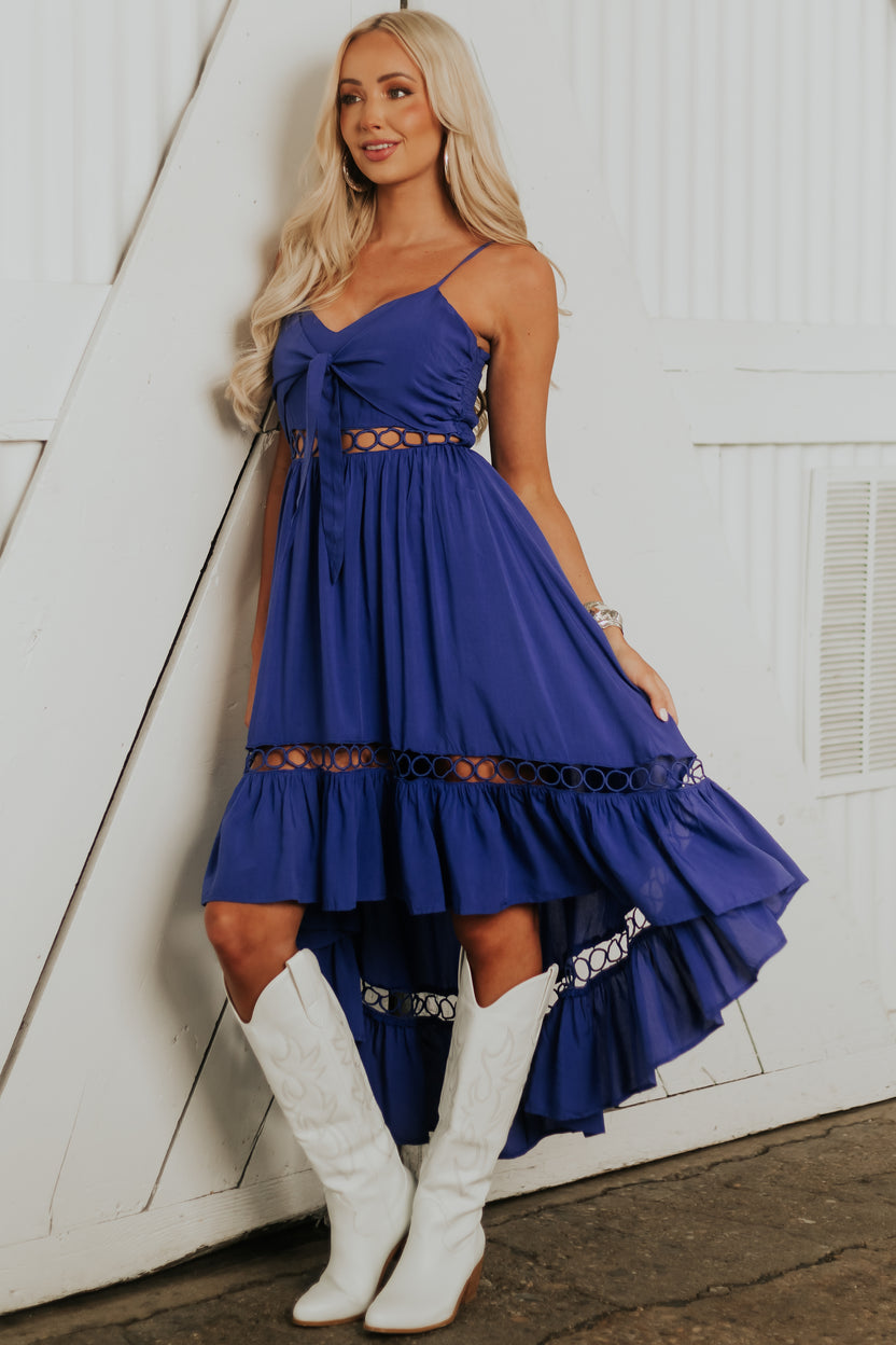 Royal Blue High Low Midi Dress with Tie and Peekaboo Details | Lime Lush