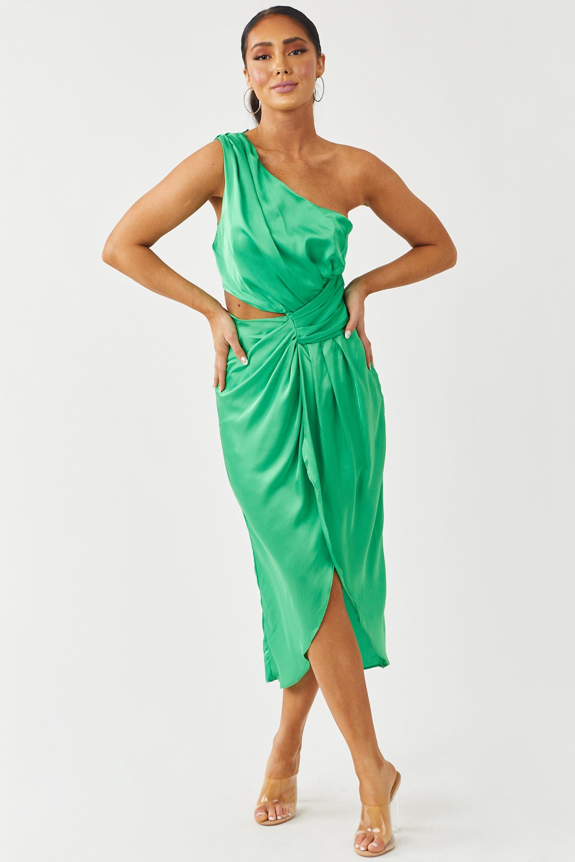 Satin Lime One Shoulder Pleated Midi Dress | Lime Lush