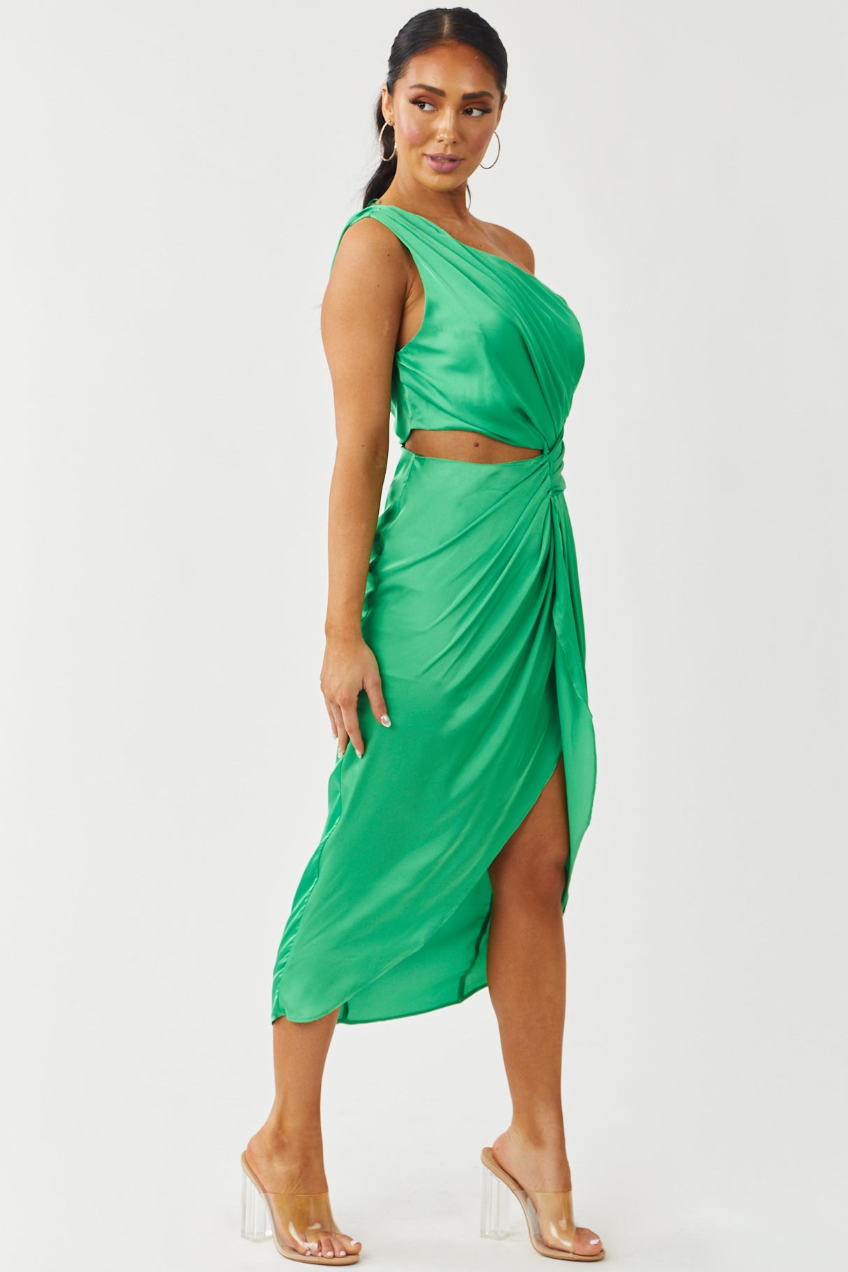 Satin Lime One Shoulder Pleated Midi Dress