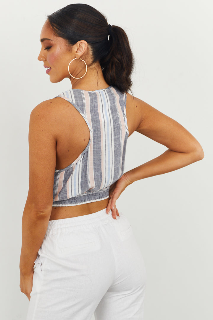 Stone Grey Striped Surplice Cropped Tank Top And Lime Lush