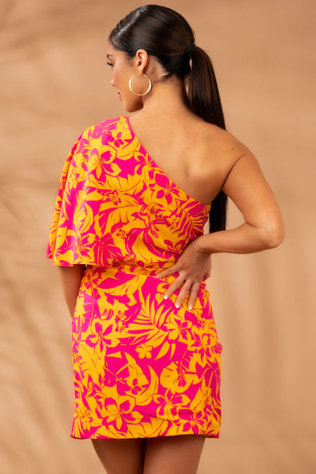 Tangerine Floral Print One Shoulder Mini Dress