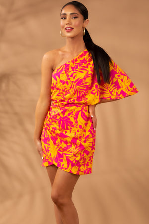 Tangerine Floral Print One Shoulder Mini Dress