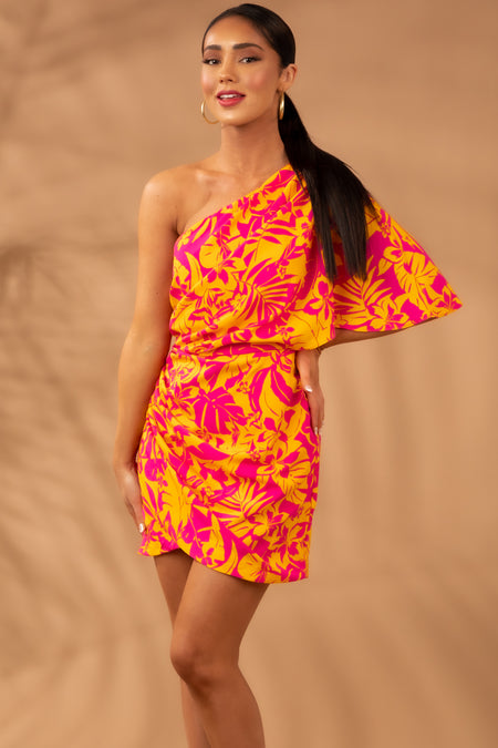 Tangerine Floral Print One Shoulder Mini Dress