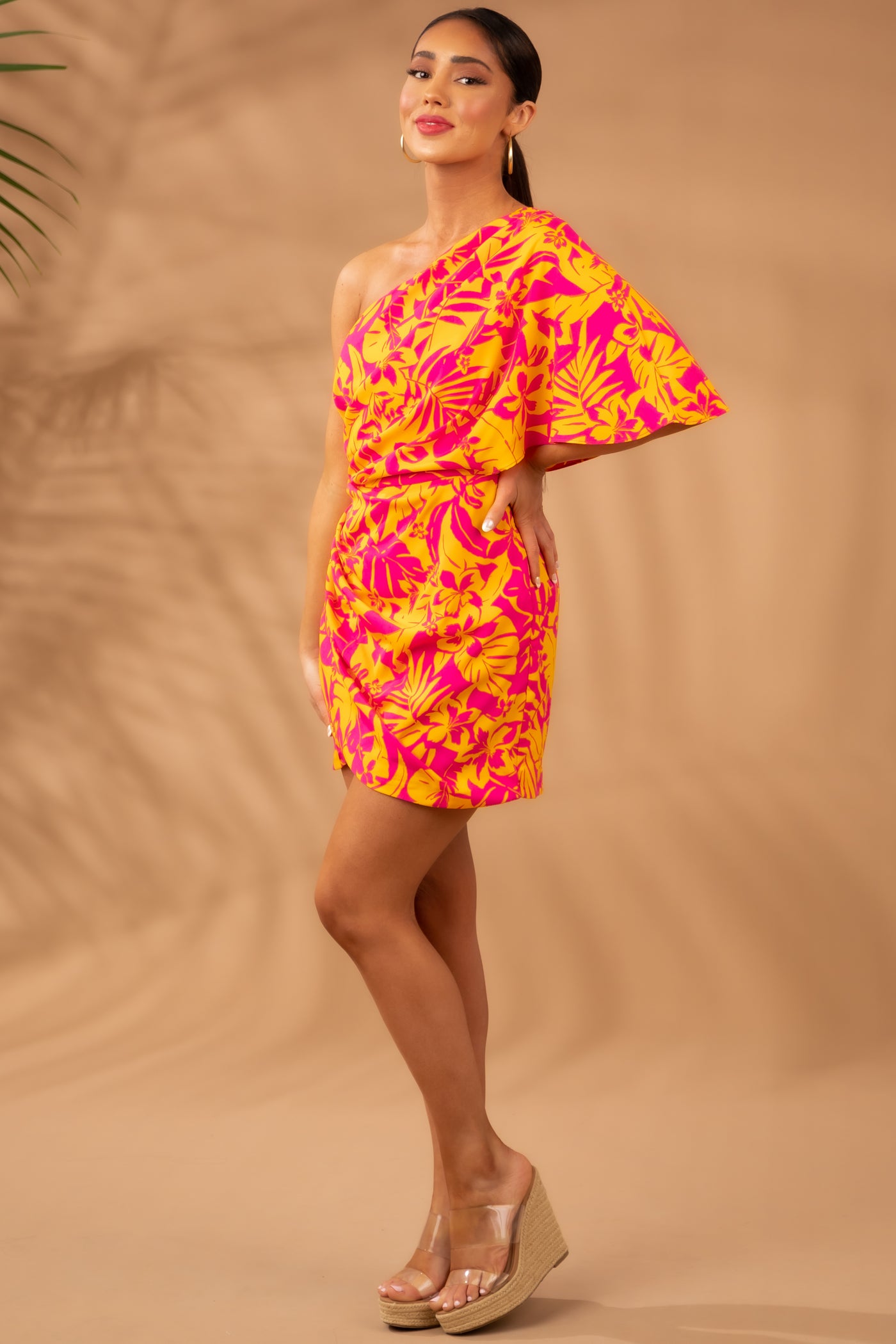 Tangerine Floral Print One Shoulder Mini Dress