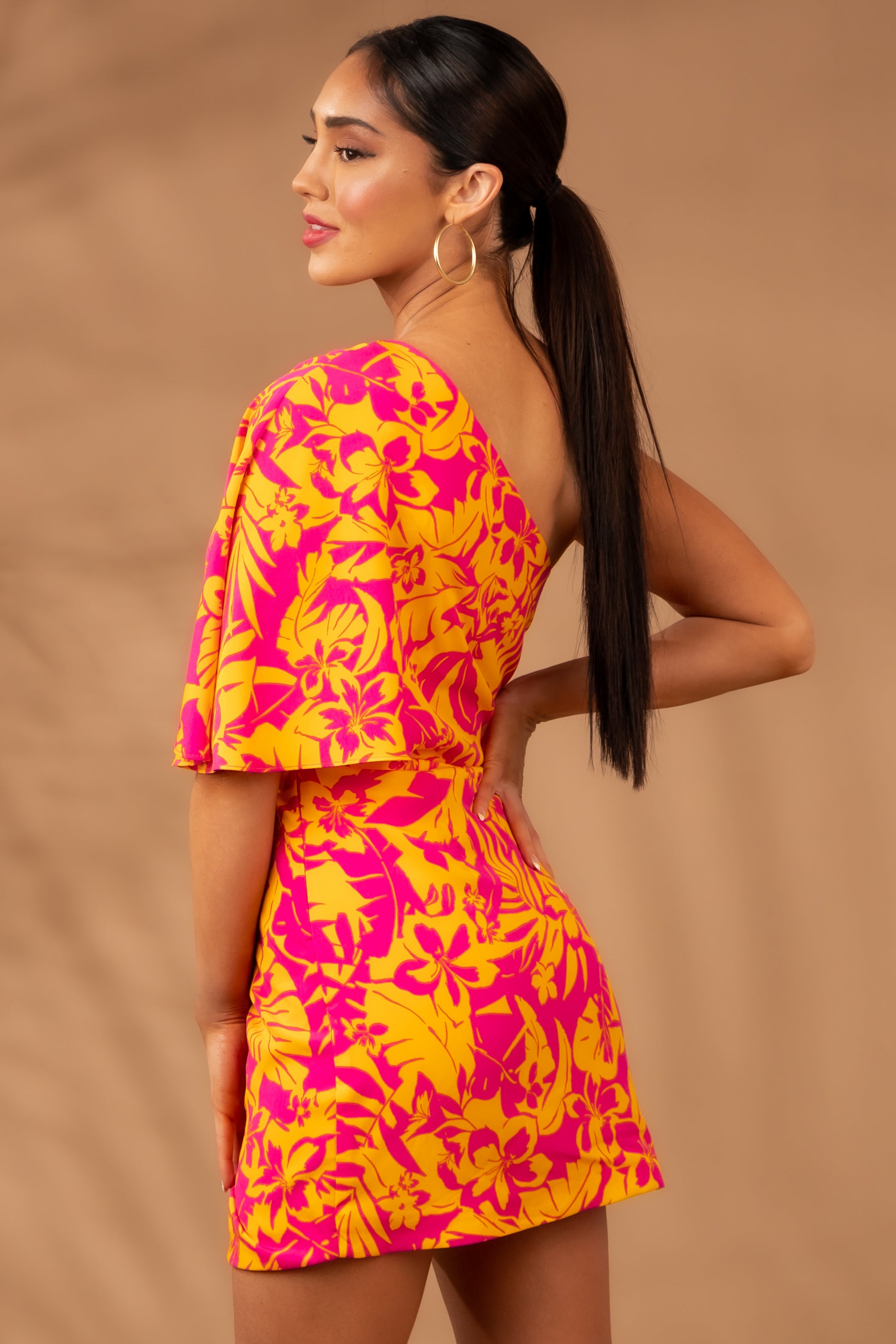 Tangerine Floral Print One Shoulder Mini Dress | Lime Lush