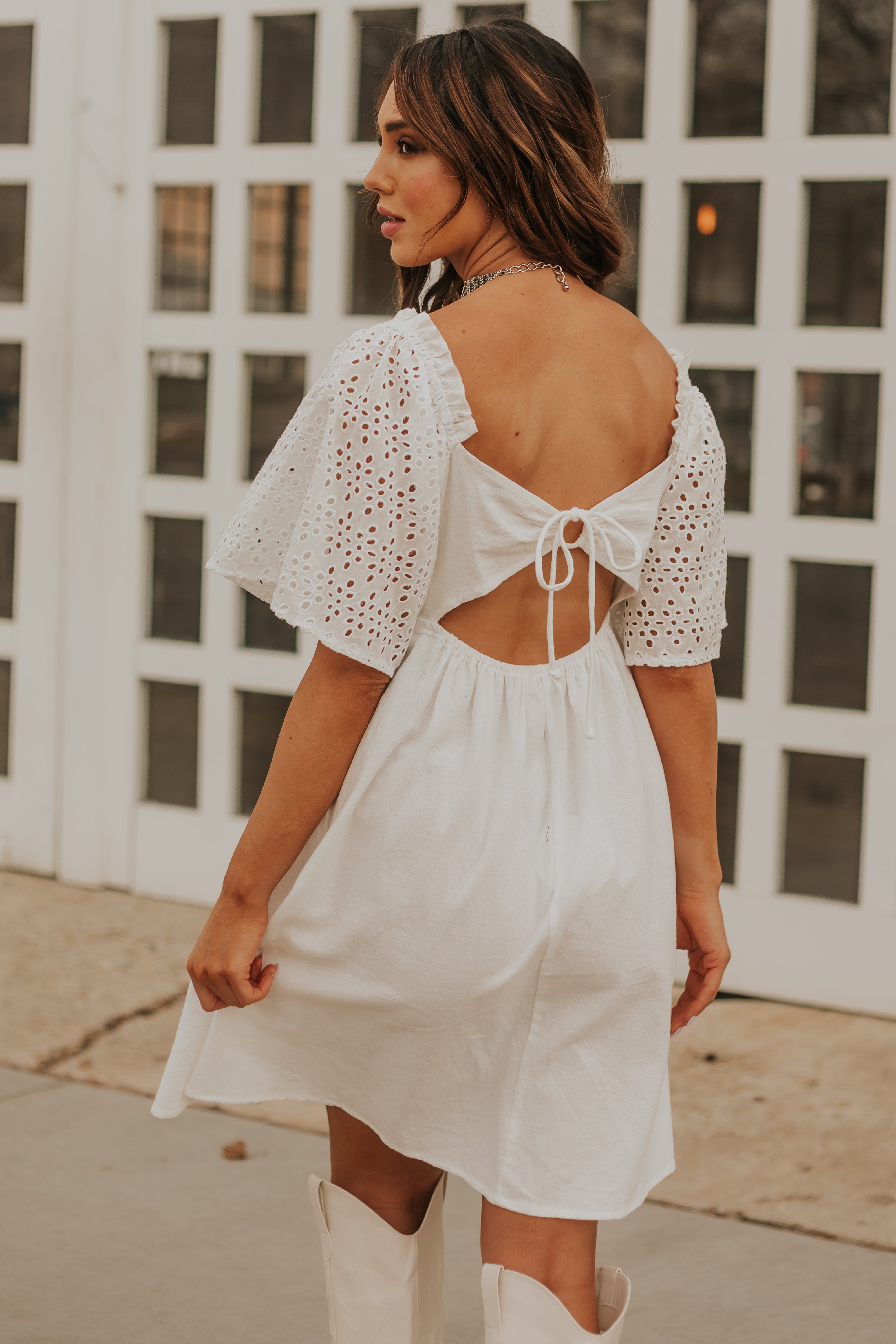 White Eyelet Lace Sleeve Smocked Babydoll Dress | Lime Lush