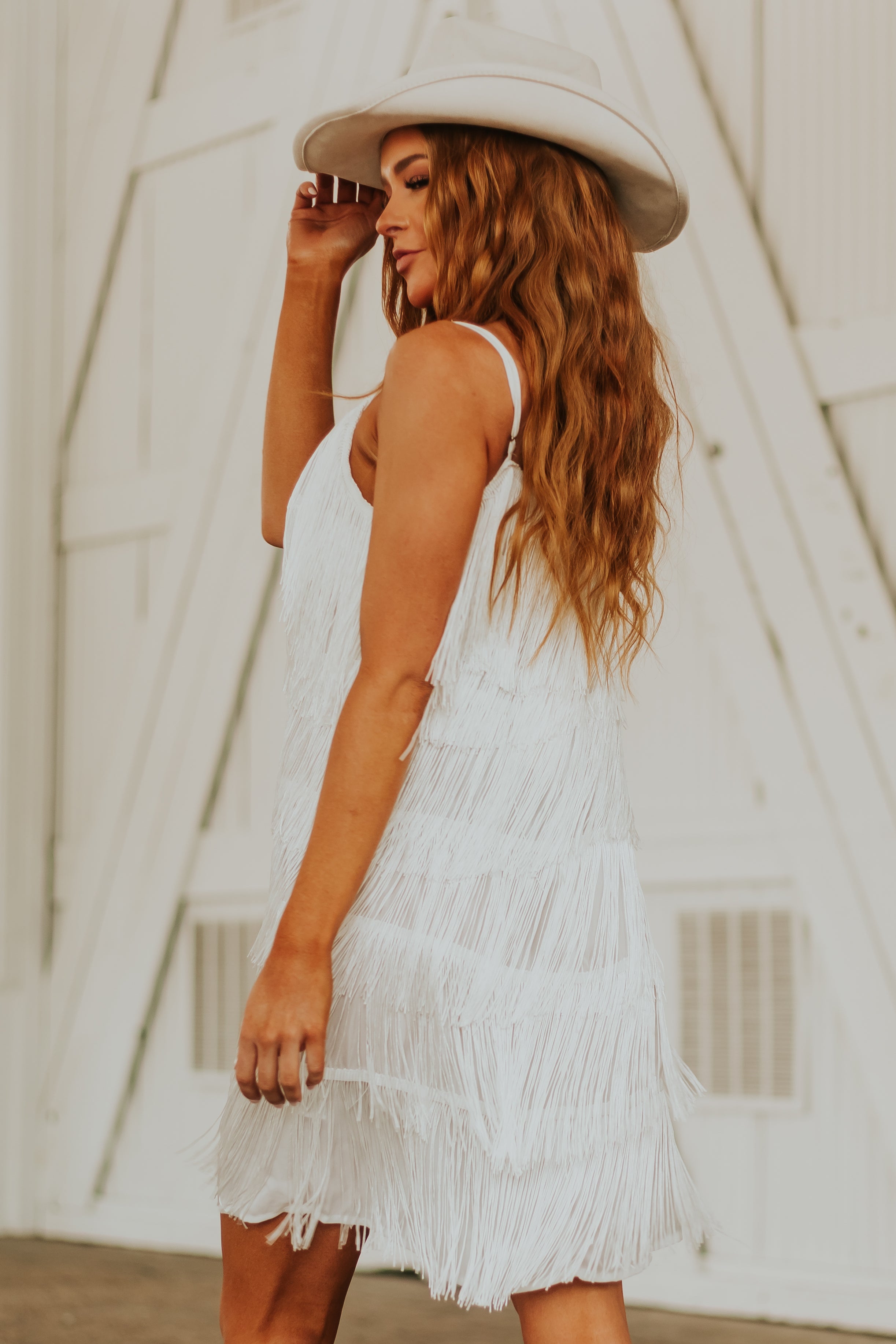 White Layered Fringe Sleeveless Short Dress