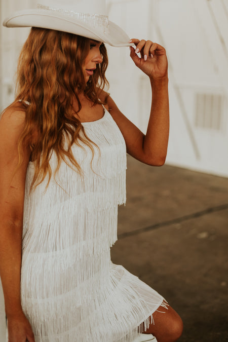 White Layered Fringe Sleeveless Short Dress