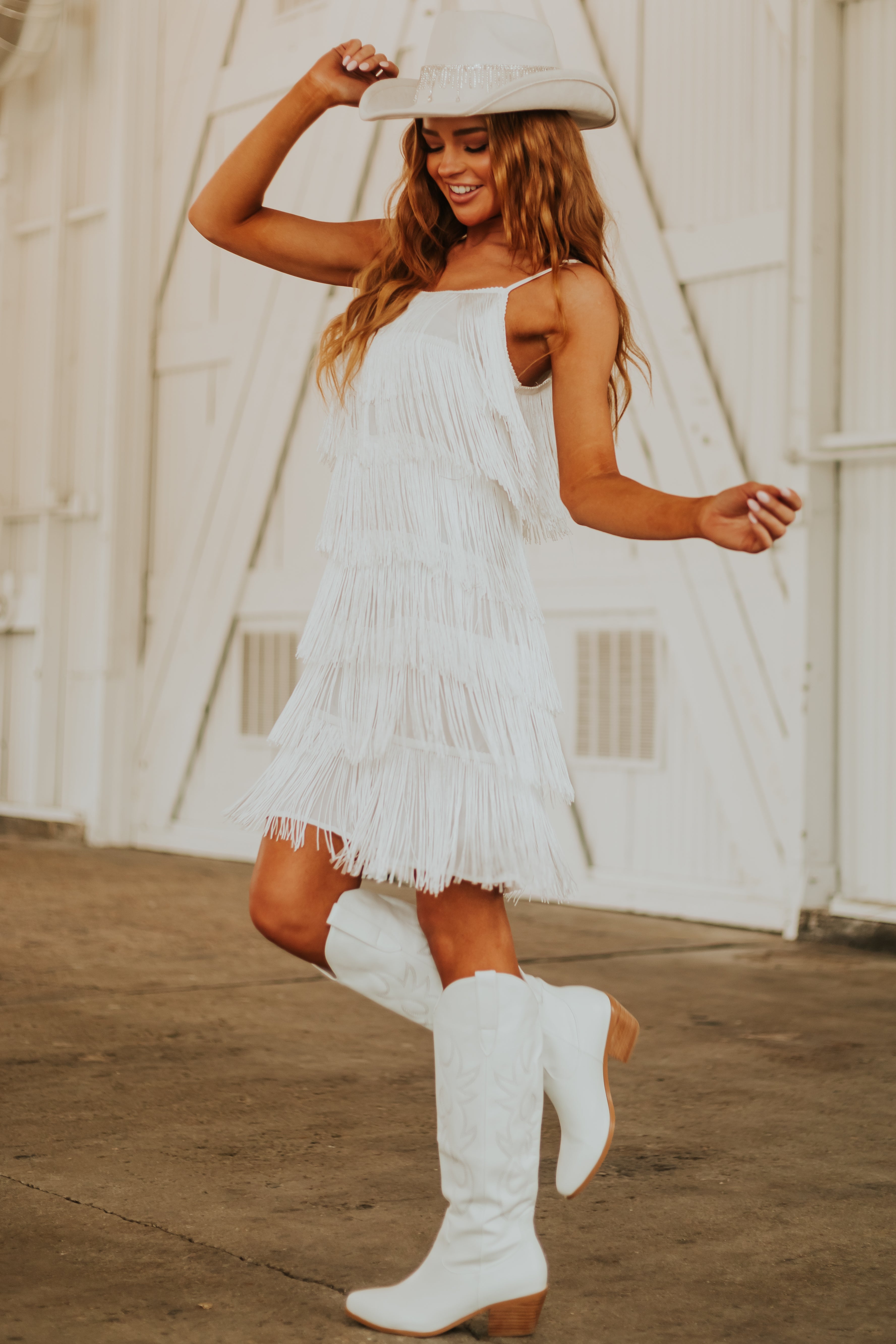 White Layered Fringe Sleeveless Short Dress