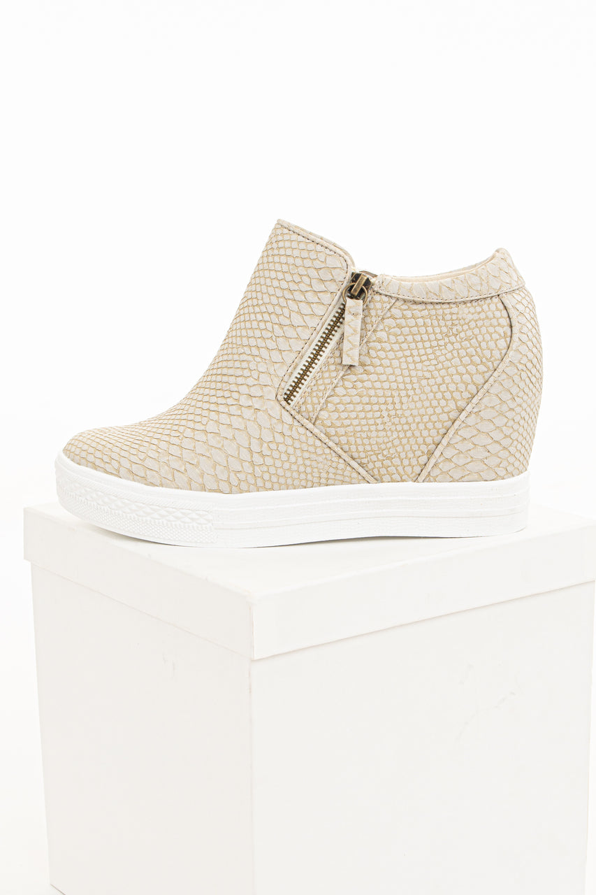 Beige Snakeskin Print Textured Wedge Sneaker with Zippers | Lime Lush  Boutique