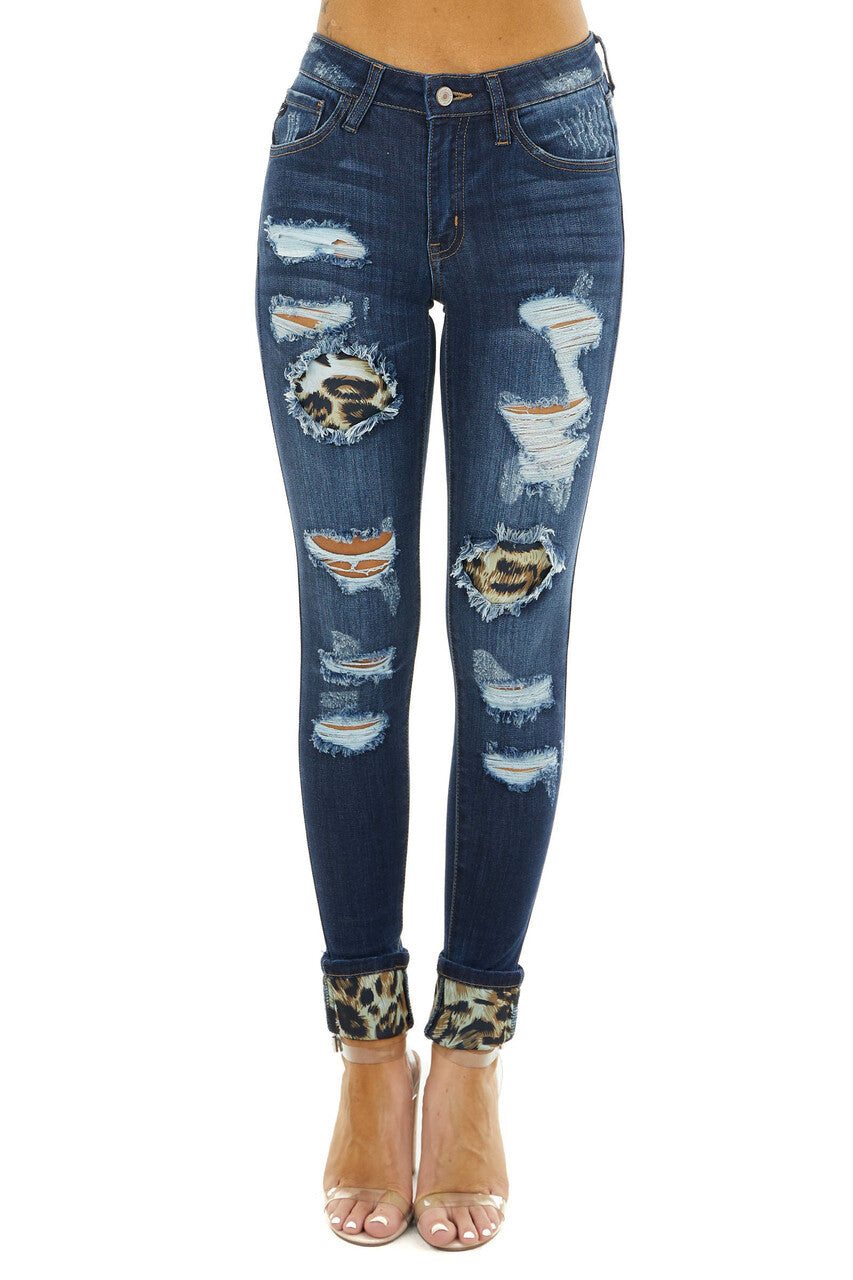 KanCan Dark Wash Mid Rise Ripped Skinny Jeans with Leopard Patches ...