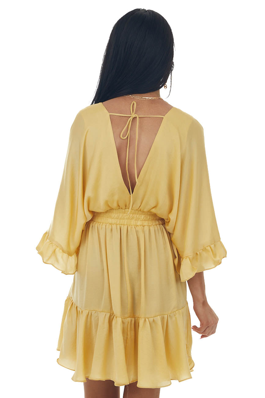 Dusty Gold Kimono Sleeve Ruffle Silky Mini Dress