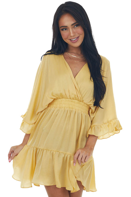 Dusty Gold Kimono Sleeve Ruffle Silky Mini Dress